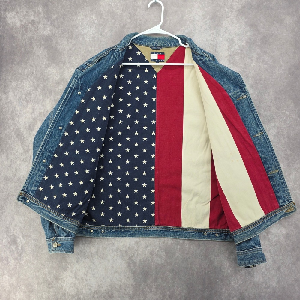 Vintage Tommy Hilfiger Denim Jacket American Flag Lined Blue Jean XL Cotton